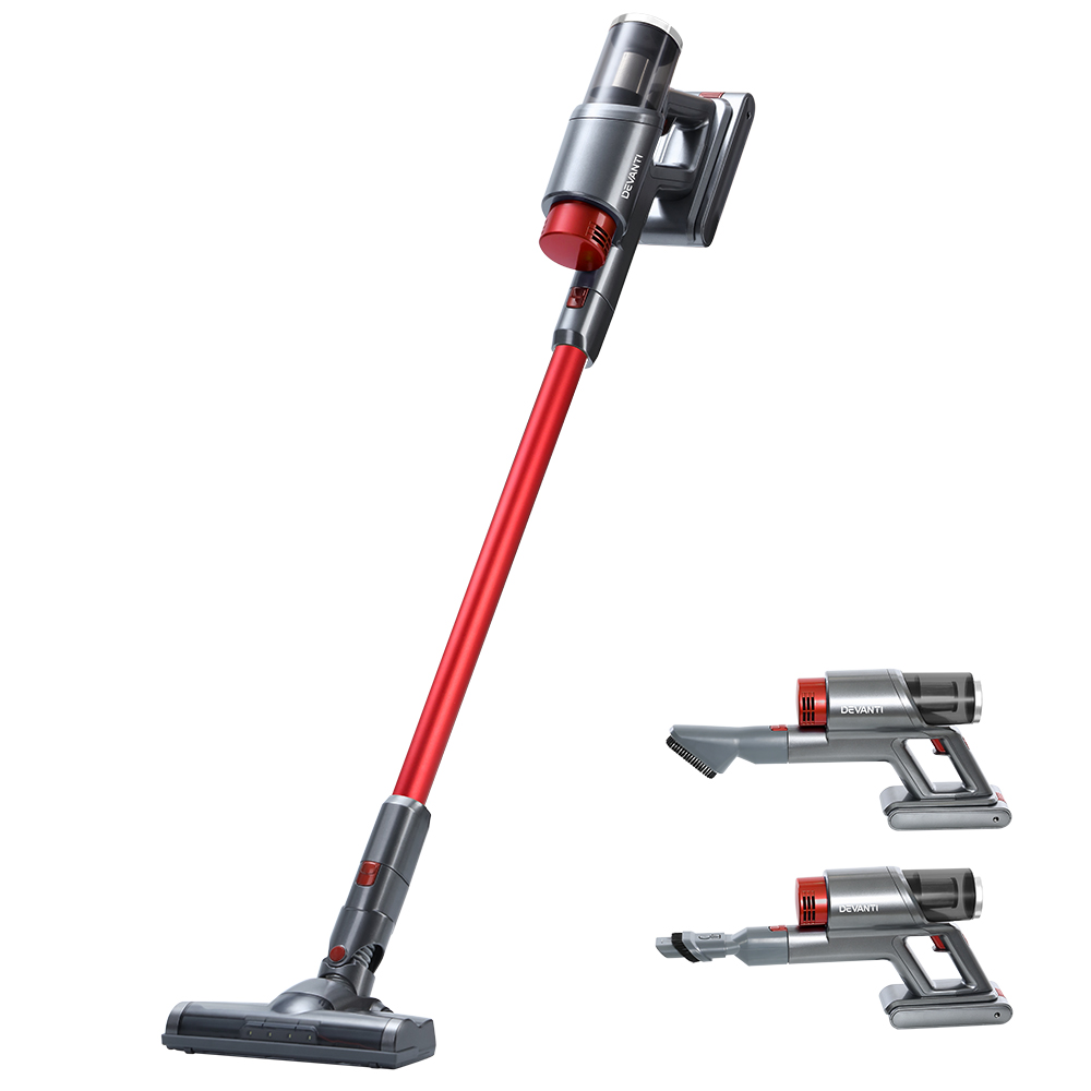 Devanti 150W Handstick Cordless Vacuum Cleaner Handheld Stick Vac Headlight Red and Grey